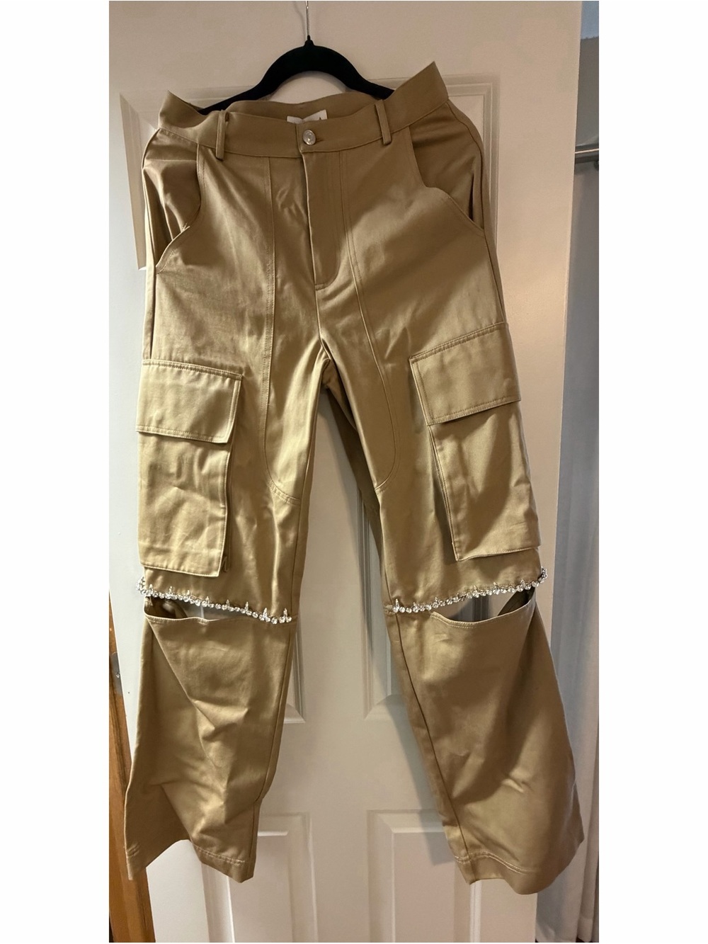 AREA Tan Cargo Pants with Pearl-Trim Knee Slits